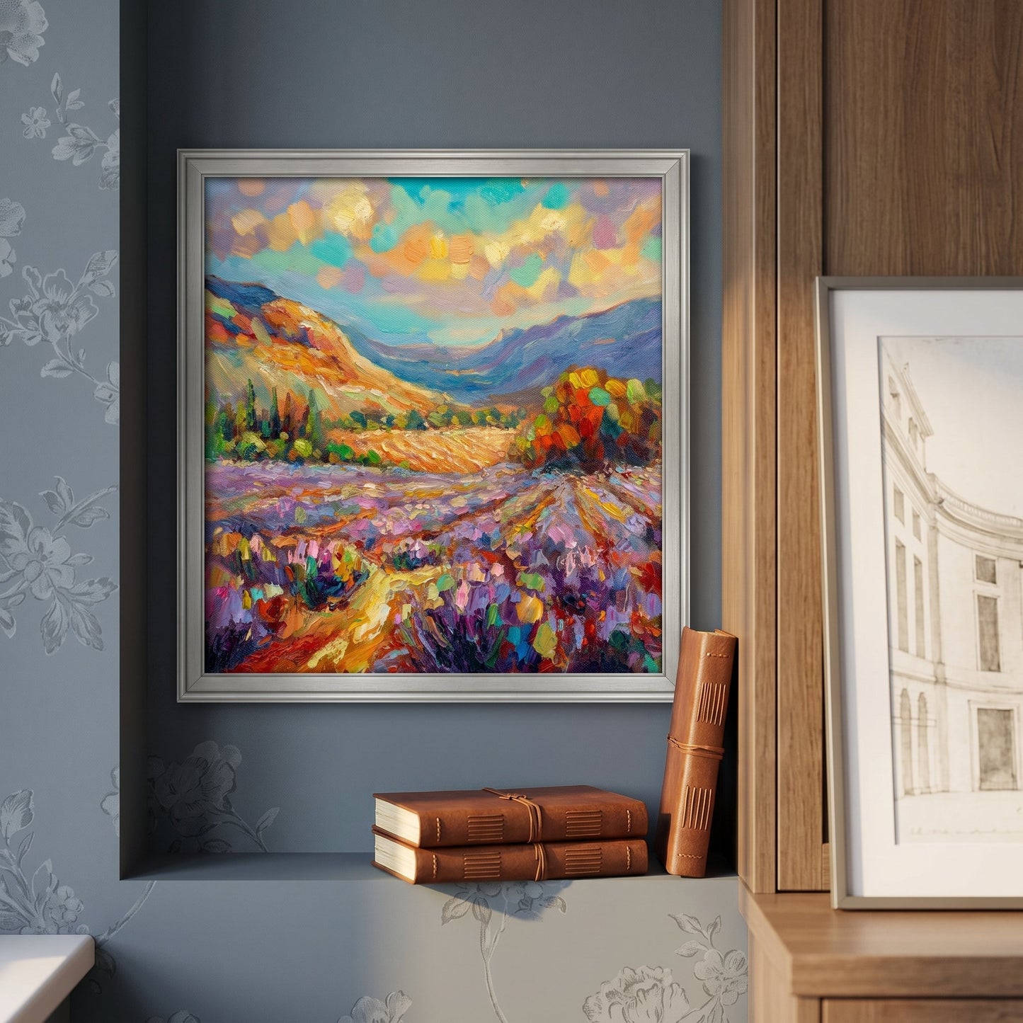 Contemporary study — vibrant Impressionist landscape elevates calm space with bold color and texture