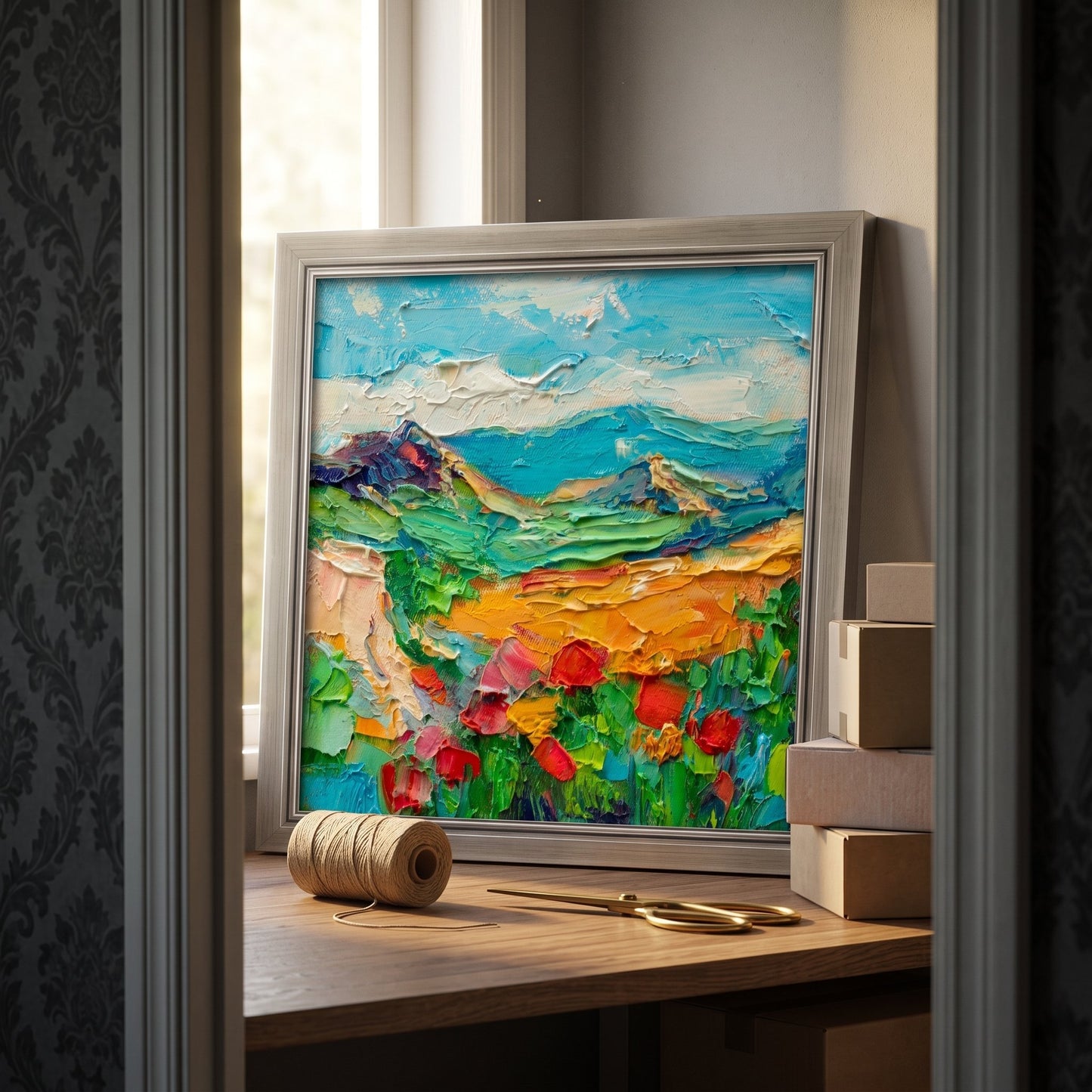 Eclectic home office — vibrant Impressionist landscape elevates the space with bold color and textured artistry