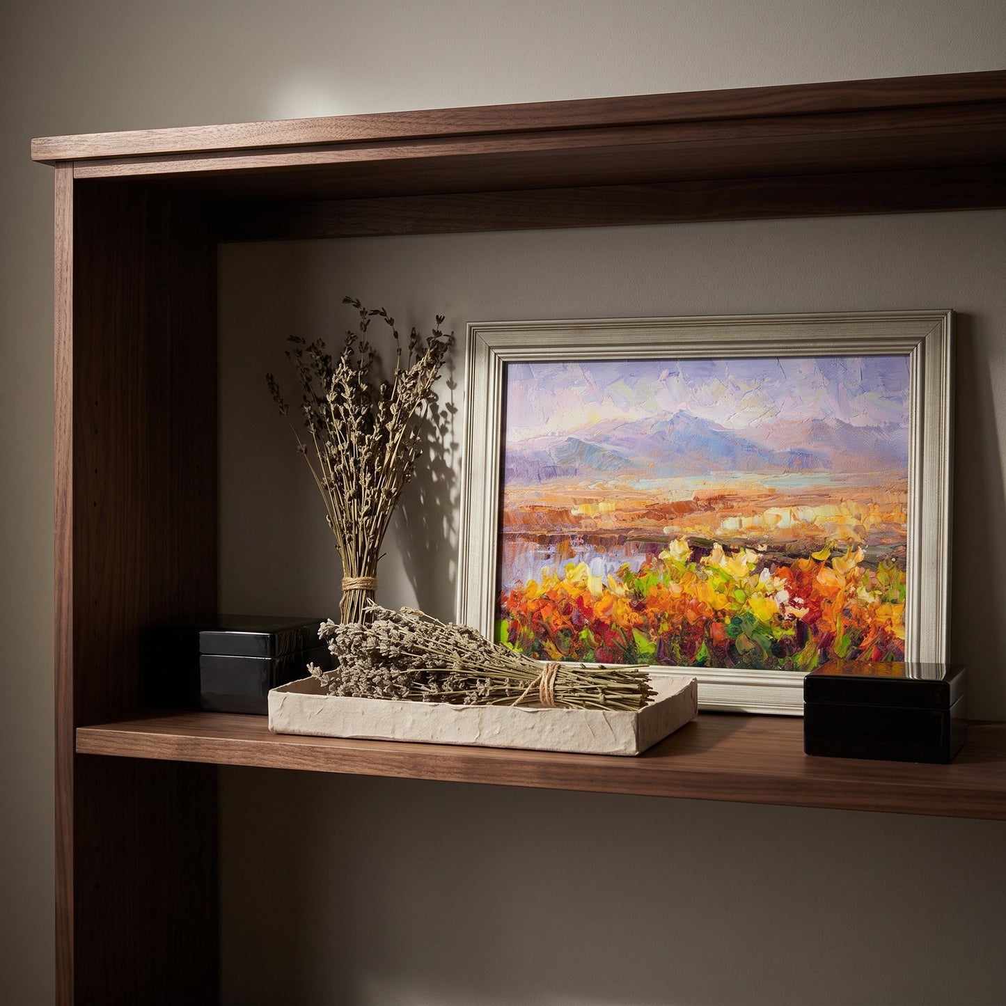 Contemporary living room — vibrant Impressionist landscape elevates minimalist space with warm colors and natural texture