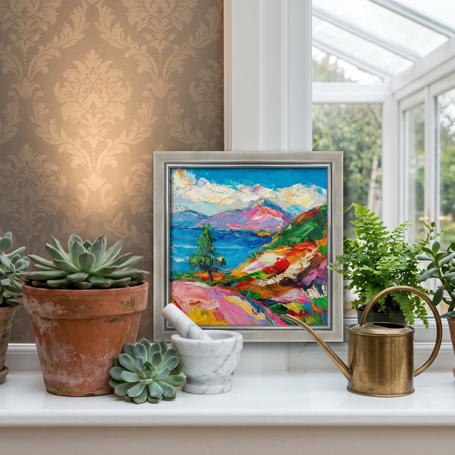 Conservatory, botanical decor — vibrant expressionist landscape painting energizes the space with bold color and texture