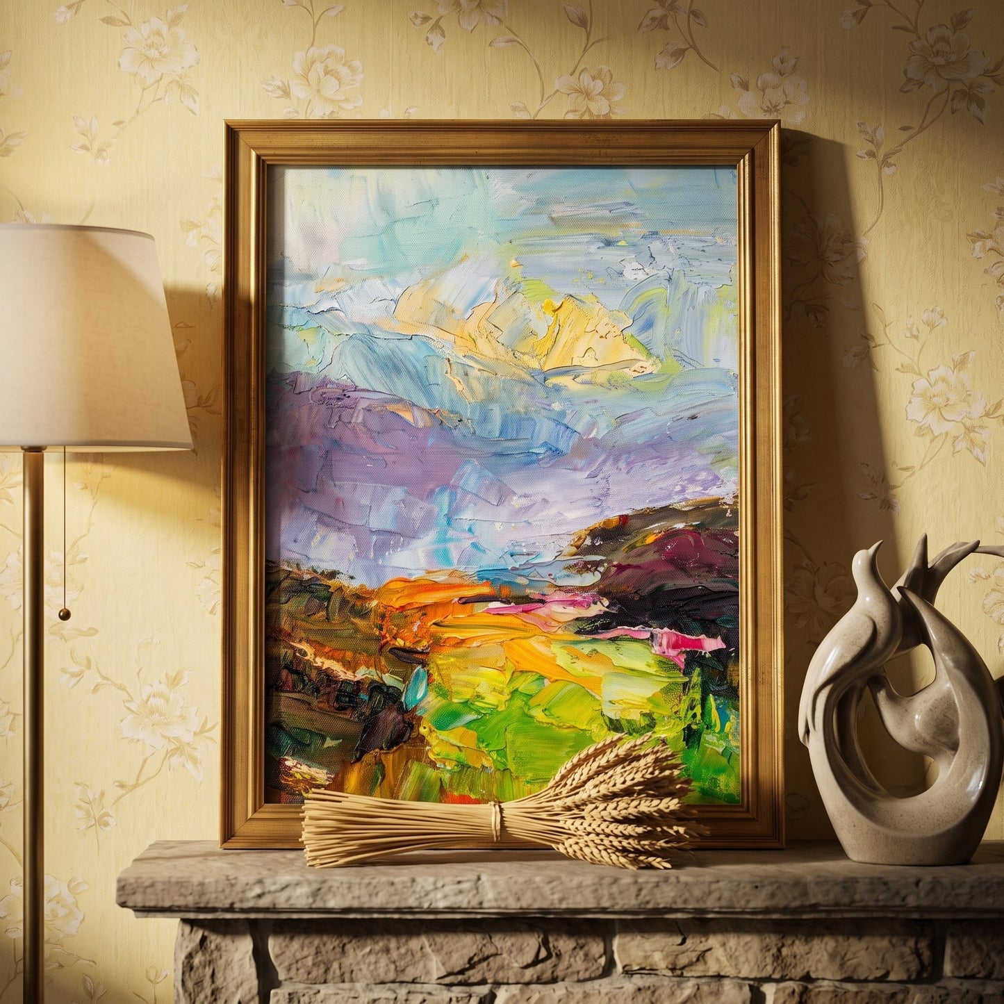 Rustic Farmhouse Living Room — Vibrant expressionist landscape painting elevates the space with bold color and textured brushwork
