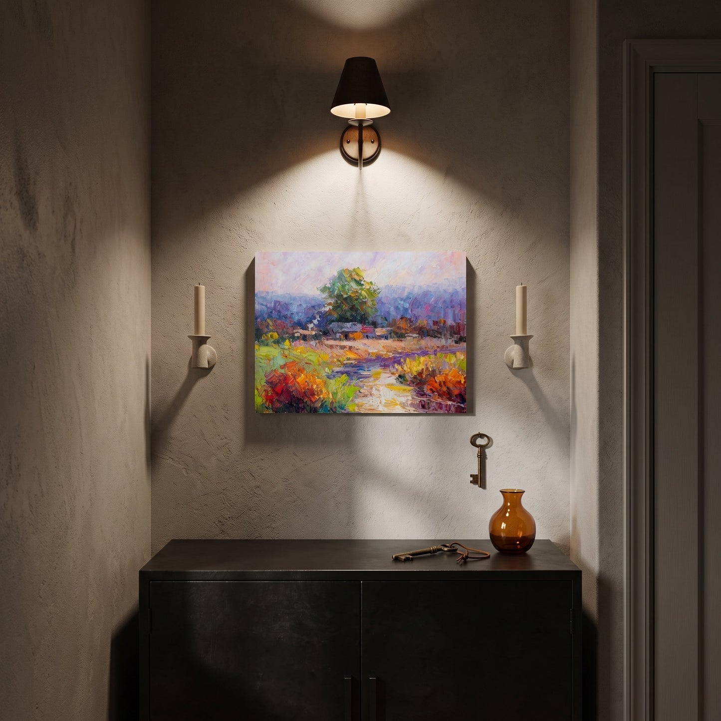 Minimalist entryway — vibrant Impressionist landscape transforms neutral space with color and light
