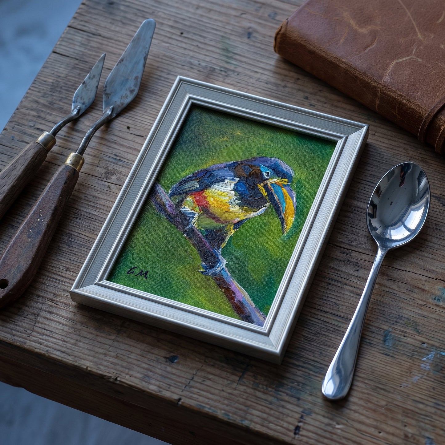 A vividly painted toucan perches on a branch in a silver-framed canvas, resting on a rustic wooden table alongside artist tools and a polished spoon.