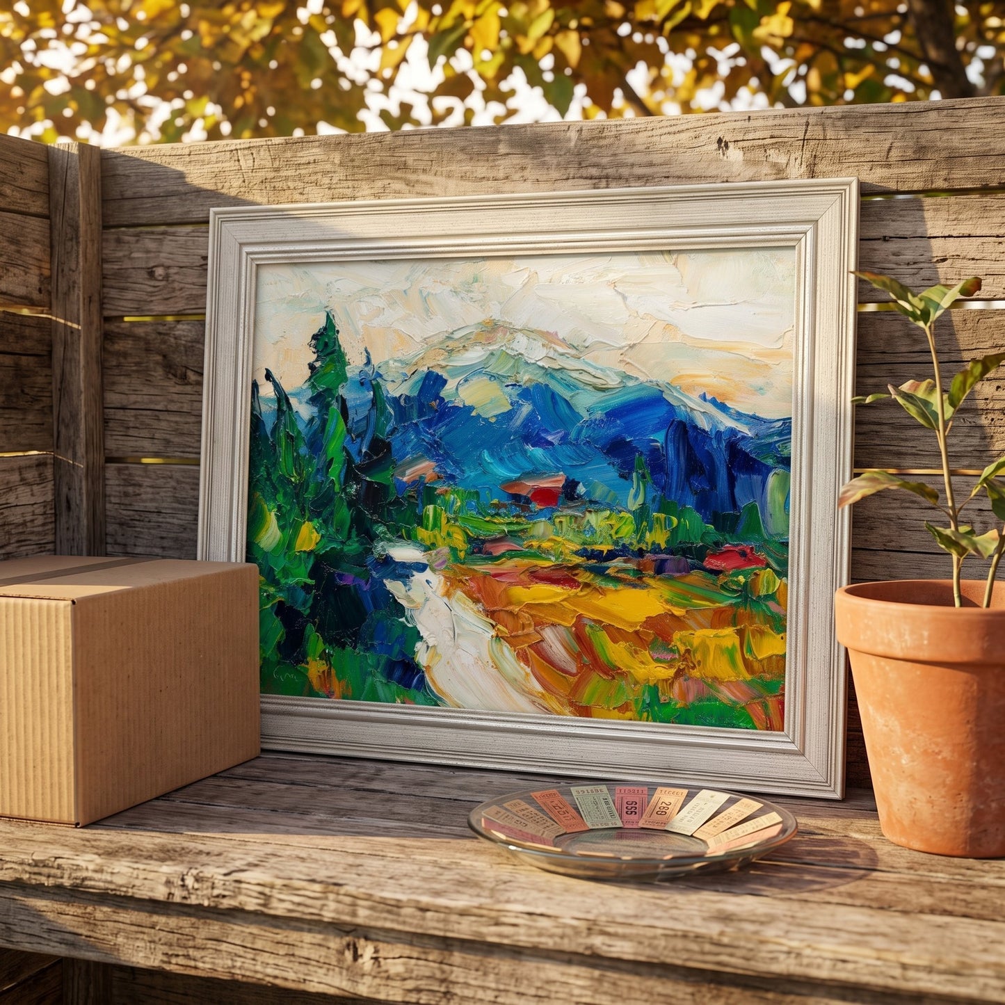 Rustic Farmhouse Entryway — Vibrant expressionist landscape painting elevates the space with bold color and texture under natural daylight