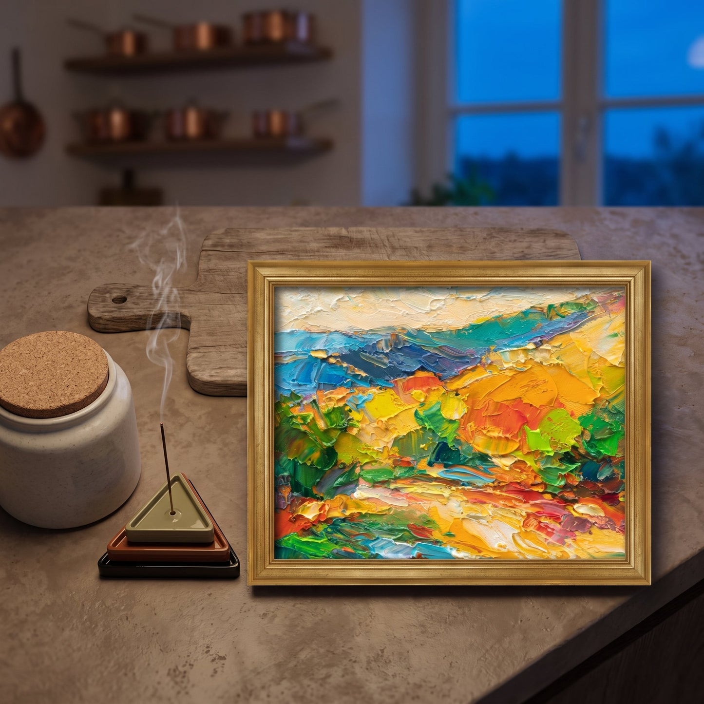 Rustic Farmhouse Kitchen — Vibrant abstract landscape painting adds color and texture to a warm, earthy space