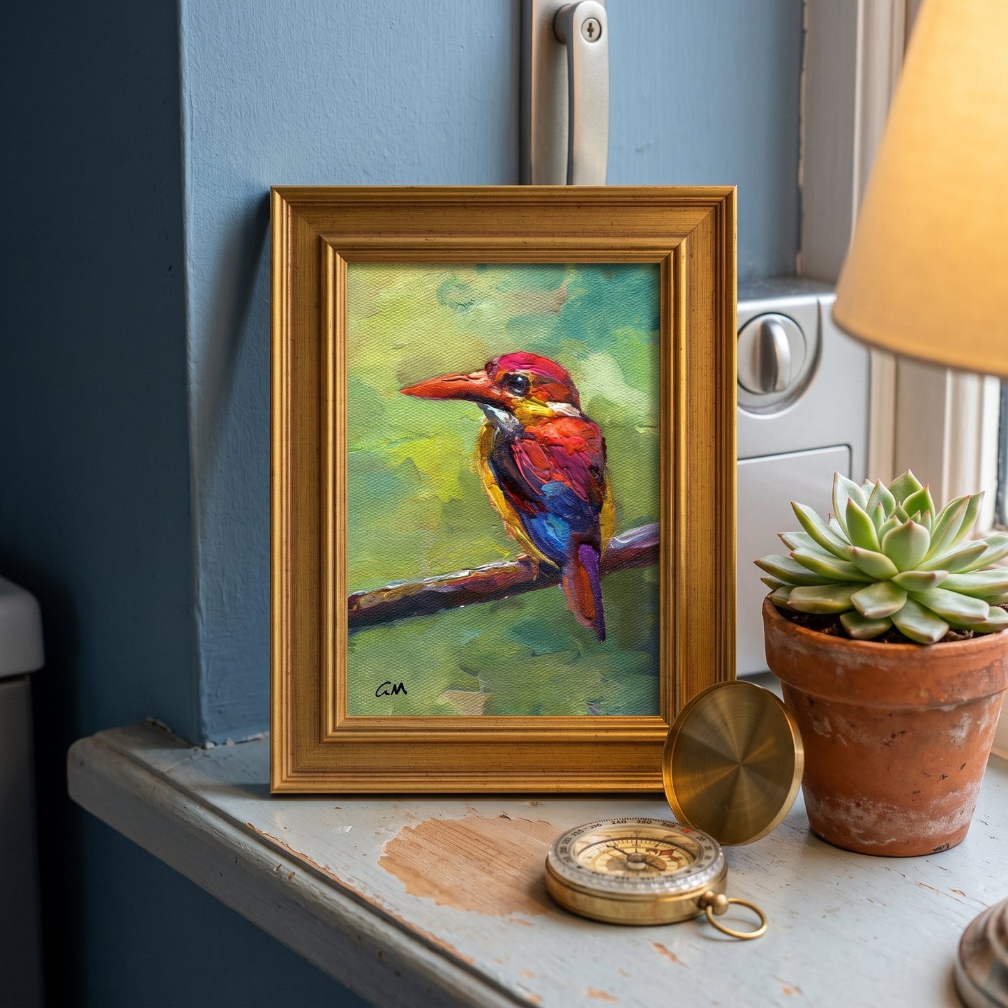Eclectic study — vibrant kingfisher painting adds color and life to vintage-inspired decor