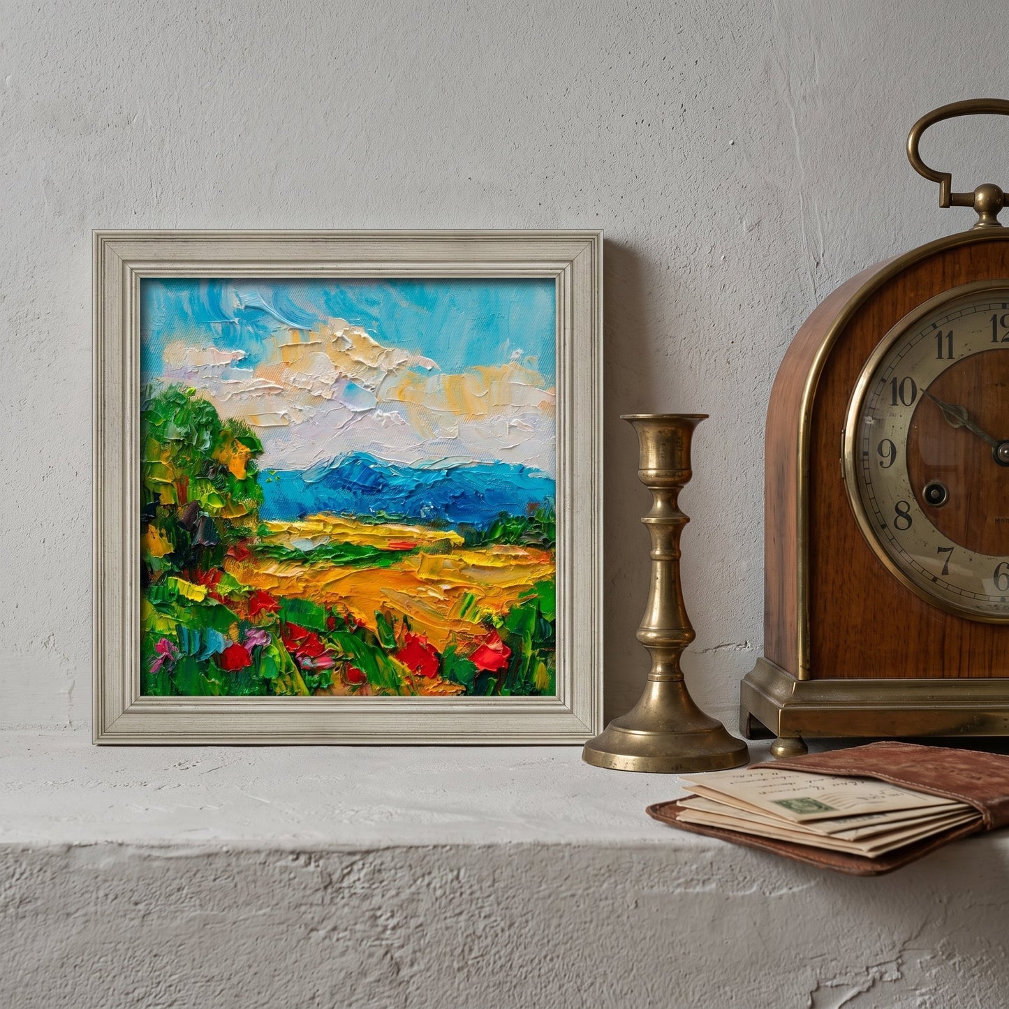 Rustic farmhouse entryway — vibrant Impressionist landscape painting adds color and warmth to a vintage-inspired space