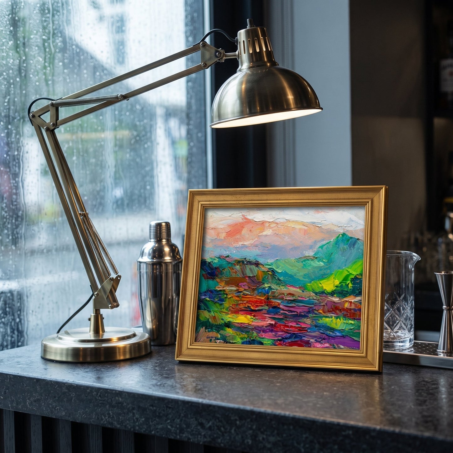 Modern industrial kitchen bar — vibrant Expressionist landscape painting adds warmth and artistic energy under warm lamplight