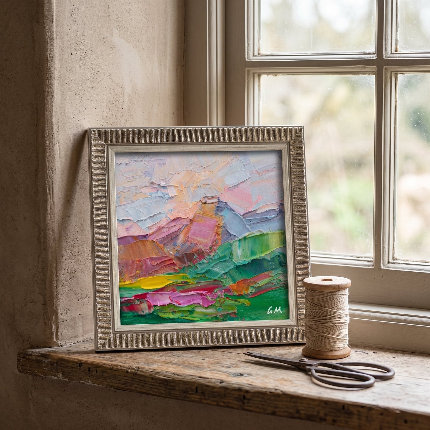 Rustic farmhouse entryway — vibrant expressionist landscape painting brings color and life to a sunlit, handcrafted nook