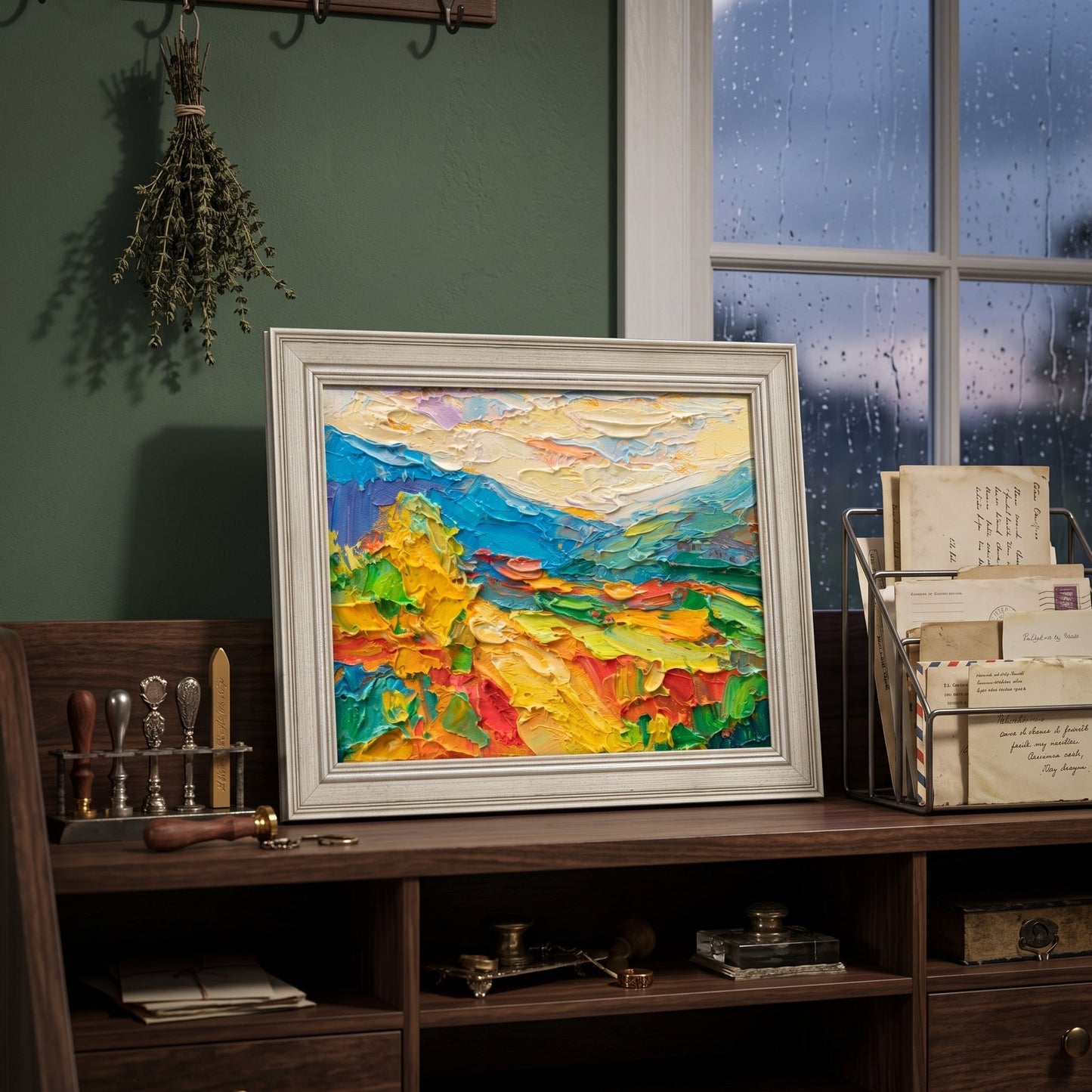 Rustic Farmhouse Study — Vibrant Impressionist Landscape Adds Warmth and Energy to Cozy Workspace