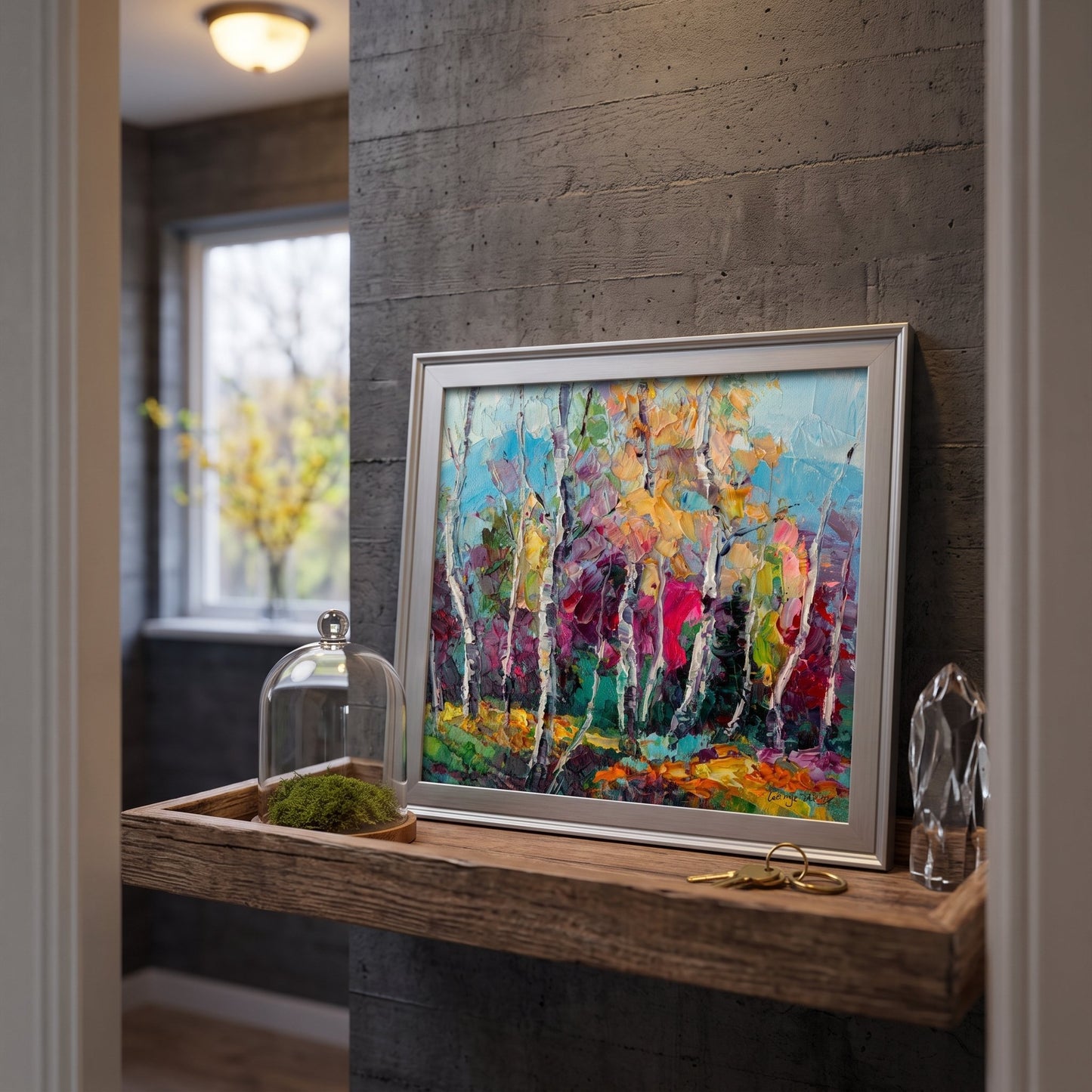 Industrial entryway — vibrant expressionist landscape painting transforms neutral space with bold color and texture