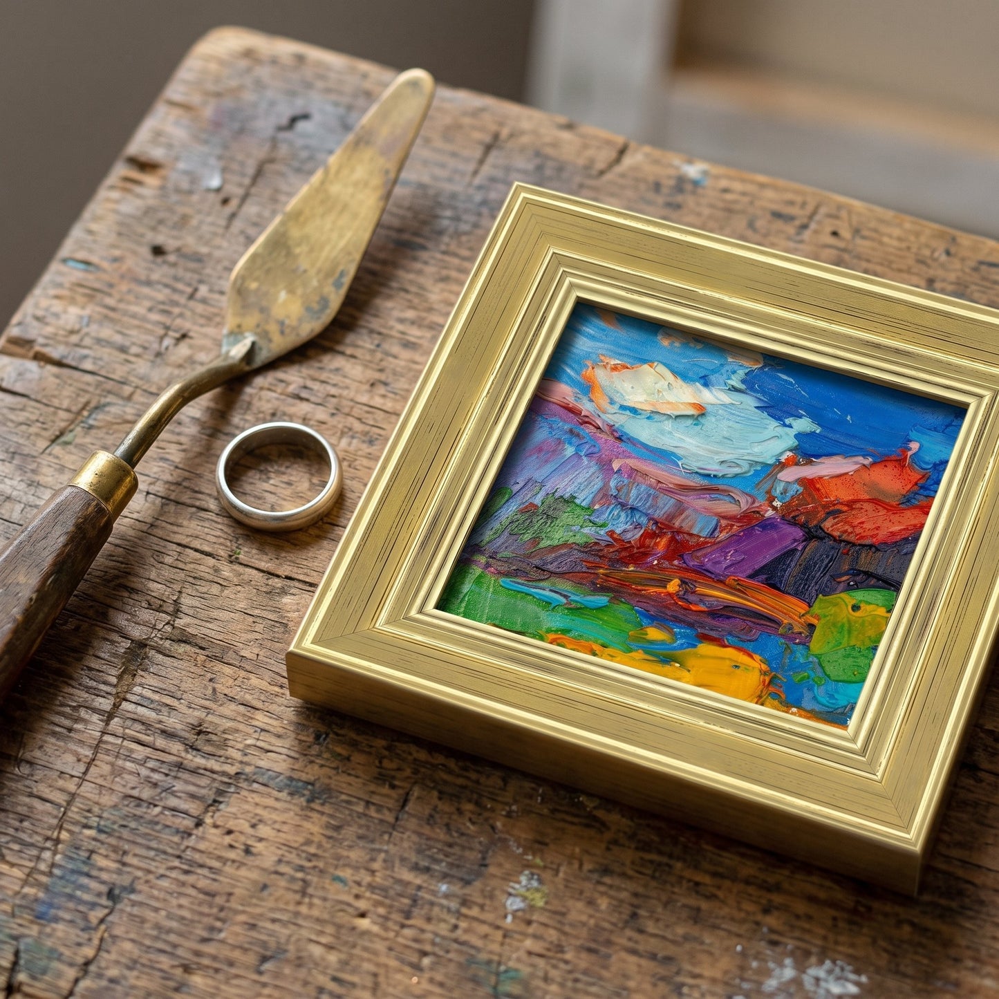Rustic Farmhouse Studio — Vibrant Expressionist Landscape Painting Elevates Artistic Workspace with Bold Colors and Textured Brushwork