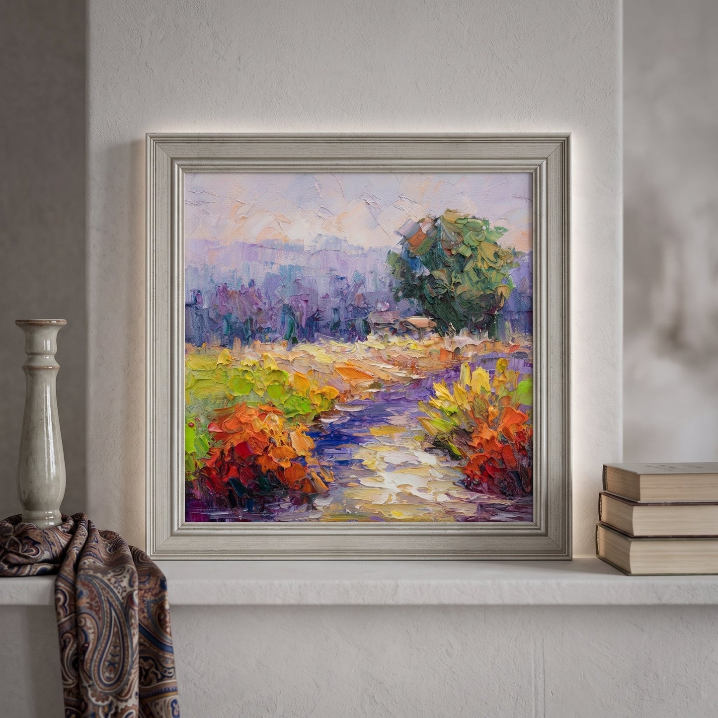 Contemporary living room — vibrant Impressionist landscape transforms neutral space with bold color and texture