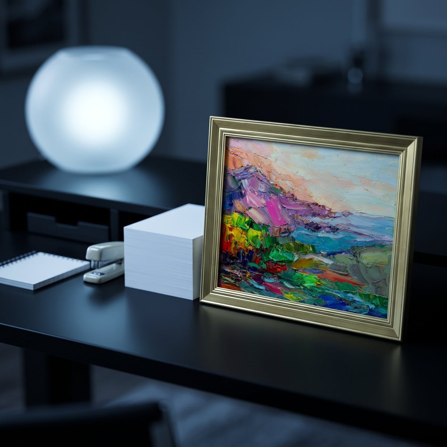 Contemporary home office — Vibrant expressionist landscape painting adds color and energy to minimalist workspace