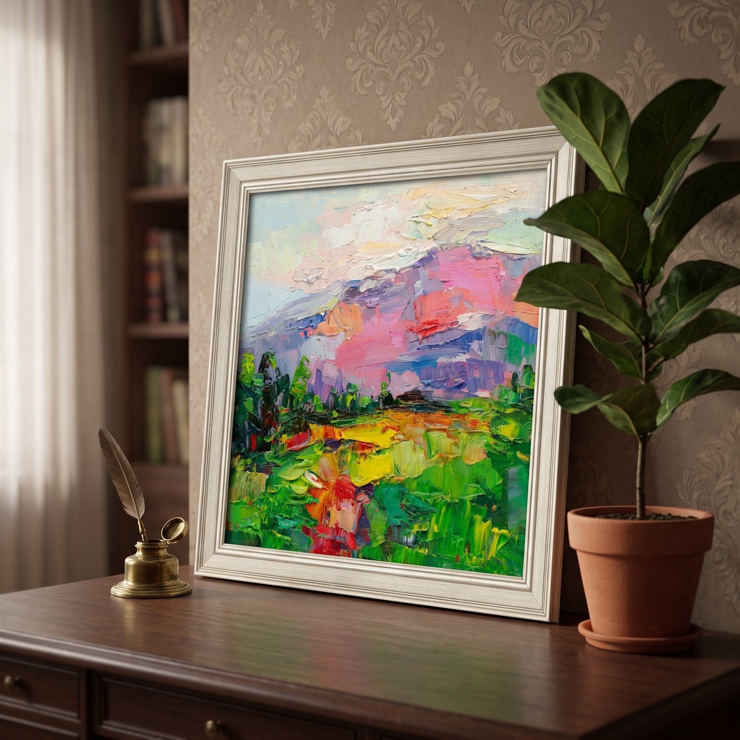 Vintage study, classic decor — vibrant Impressionist landscape elevates the space with color and texture