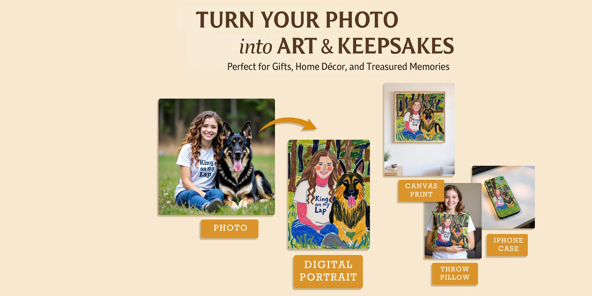 Turn Your Photo into Art & Keepsakes. Showcase of digital portrait services, including canvas prints, throw pillows, and iPhone cases. Perfect for gifts, home decor, and treasured memories.