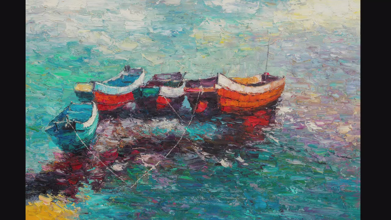 Oil Painting Seascape Fishing Boat at Dawn, Canvas Art, Canvas Wall Art, Abstract Art, Original Painting, Modern Art, Large Oil Painting
