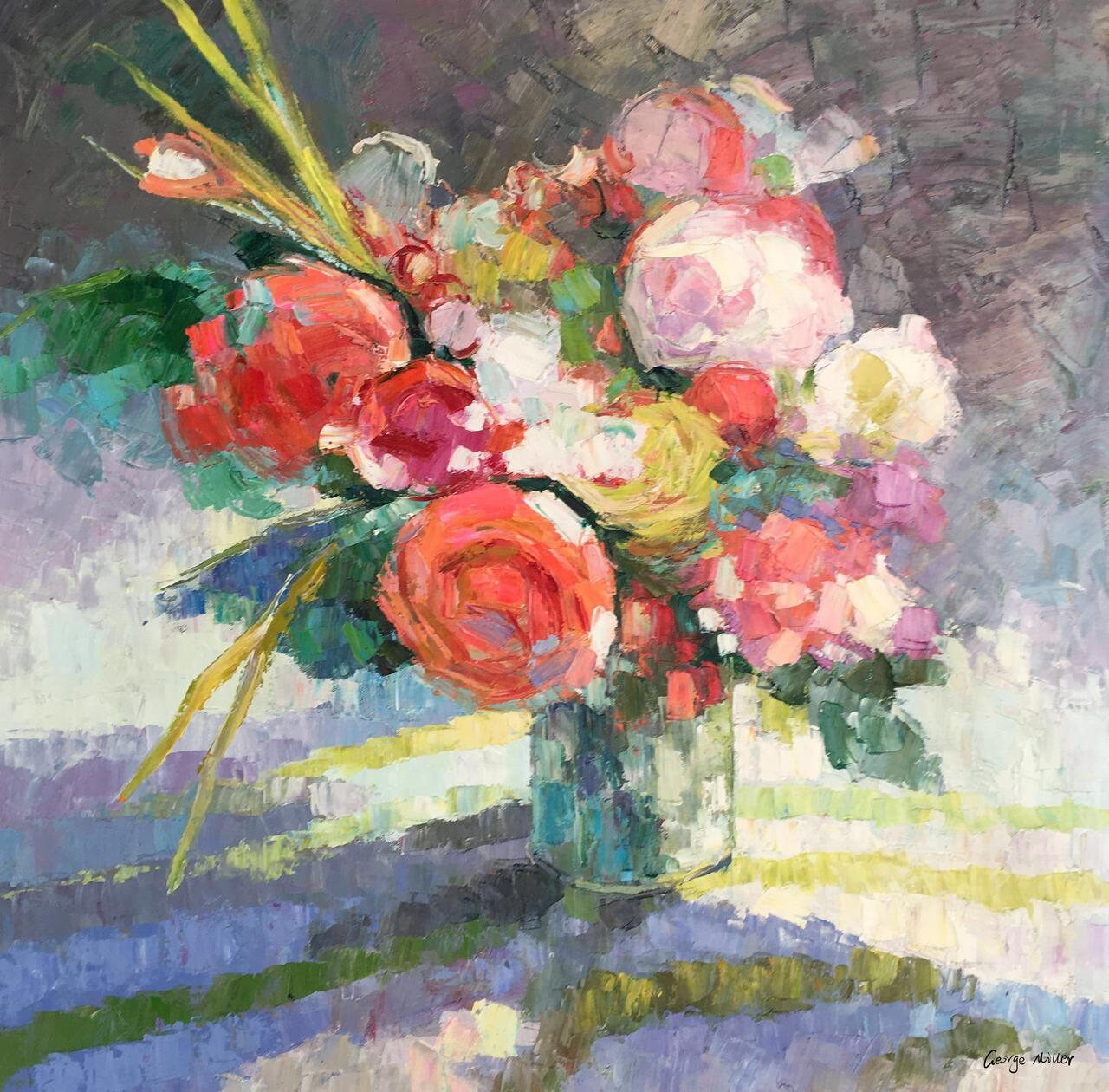 Abstract Oil Painting: Still Life with Flowers, Red | 36x36 inches, Ready to Hang - Oil Painting Original, Abstract Flower Painting