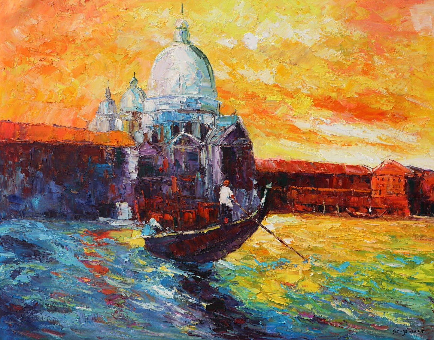 Venice At Dawn Grand Canal Gondola | Original Art Oil Painting for Contemporary Room Decor