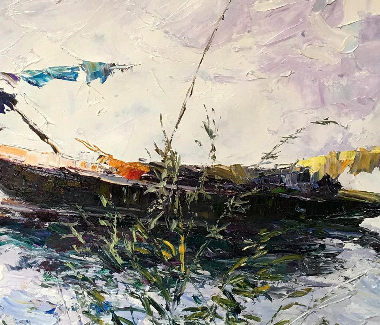 Oil Painting, Fishing Boat at Dawn, Contemporary Painting, Rustic Wall Decor, Large Wall Art Canvas, Landscape Oil Painting, Large Art