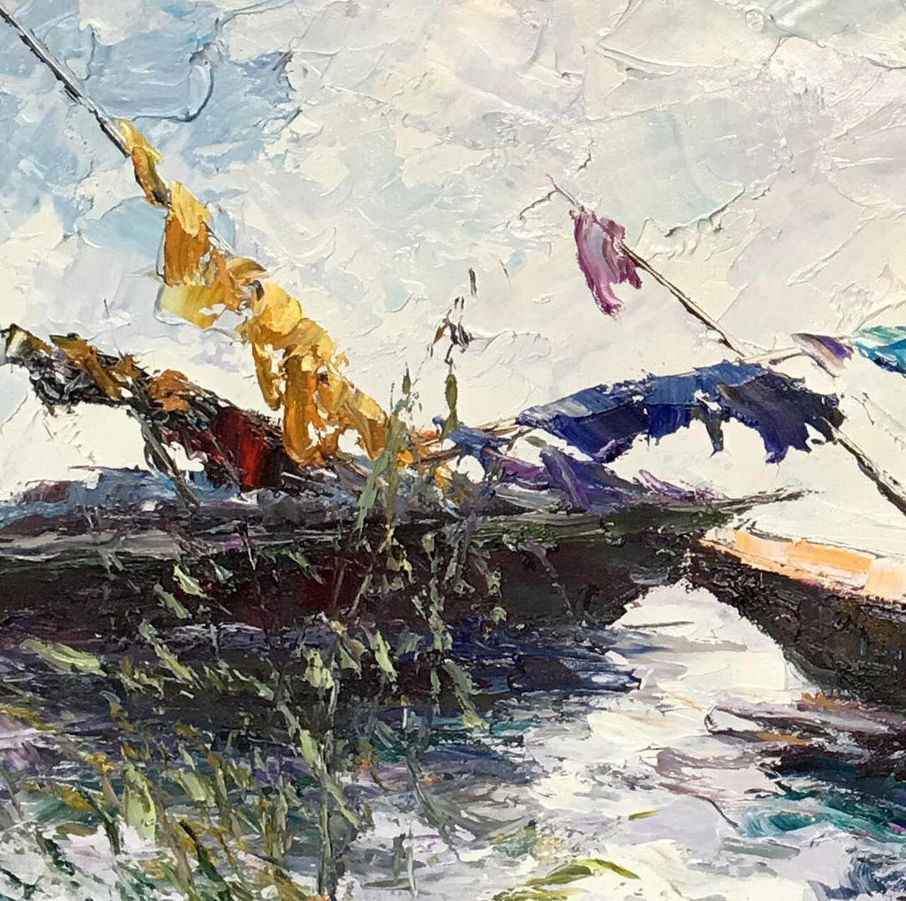 Oil Painting, Fishing Boat at Dawn, Contemporary Painting, Rustic Wall Decor, Large Wall Art Canvas, Landscape Oil Painting, Large Art