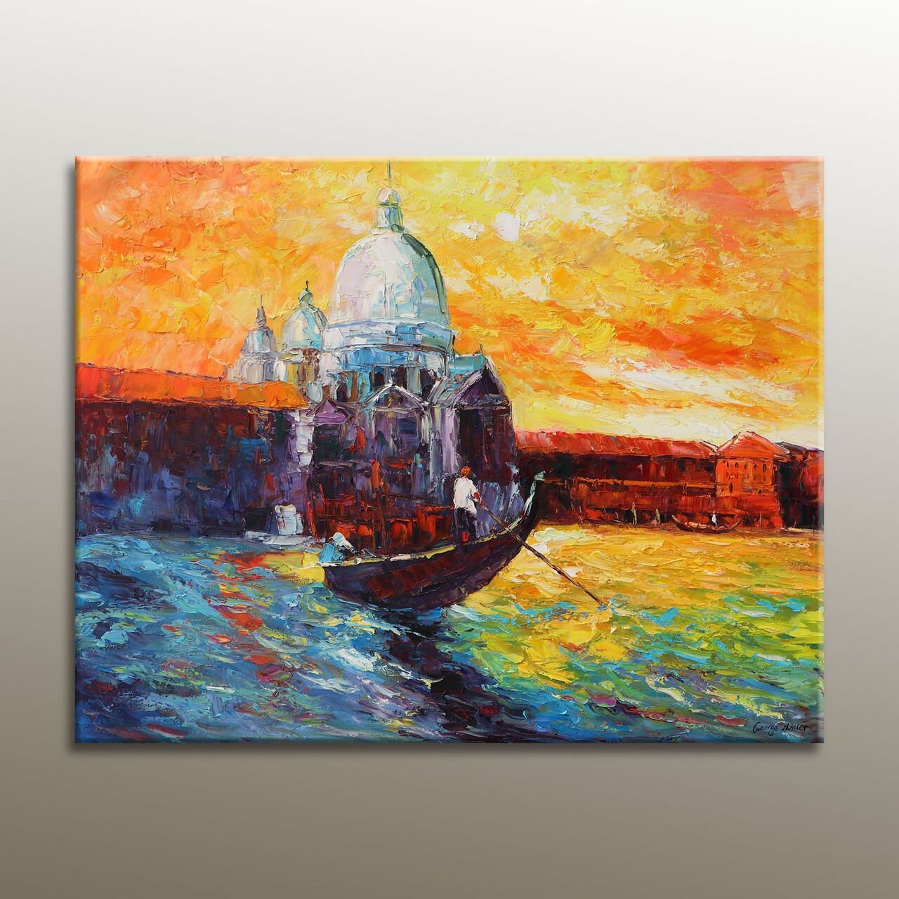 Venice At Dawn Grand Canal Gondola | Original Art Oil Painting for Contemporary Room Decor
