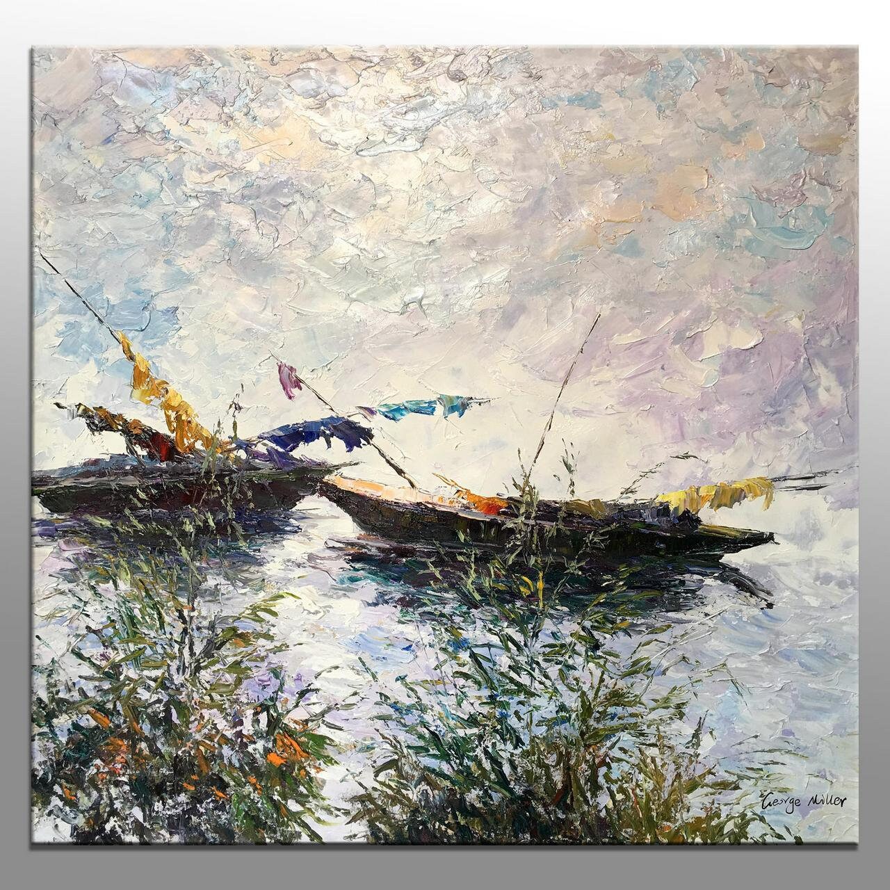 Oil Painting, Fishing Boat at Dawn, Contemporary Painting, Rustic Wall Decor, Large Wall Art Canvas, Landscape Oil Painting, Large Art