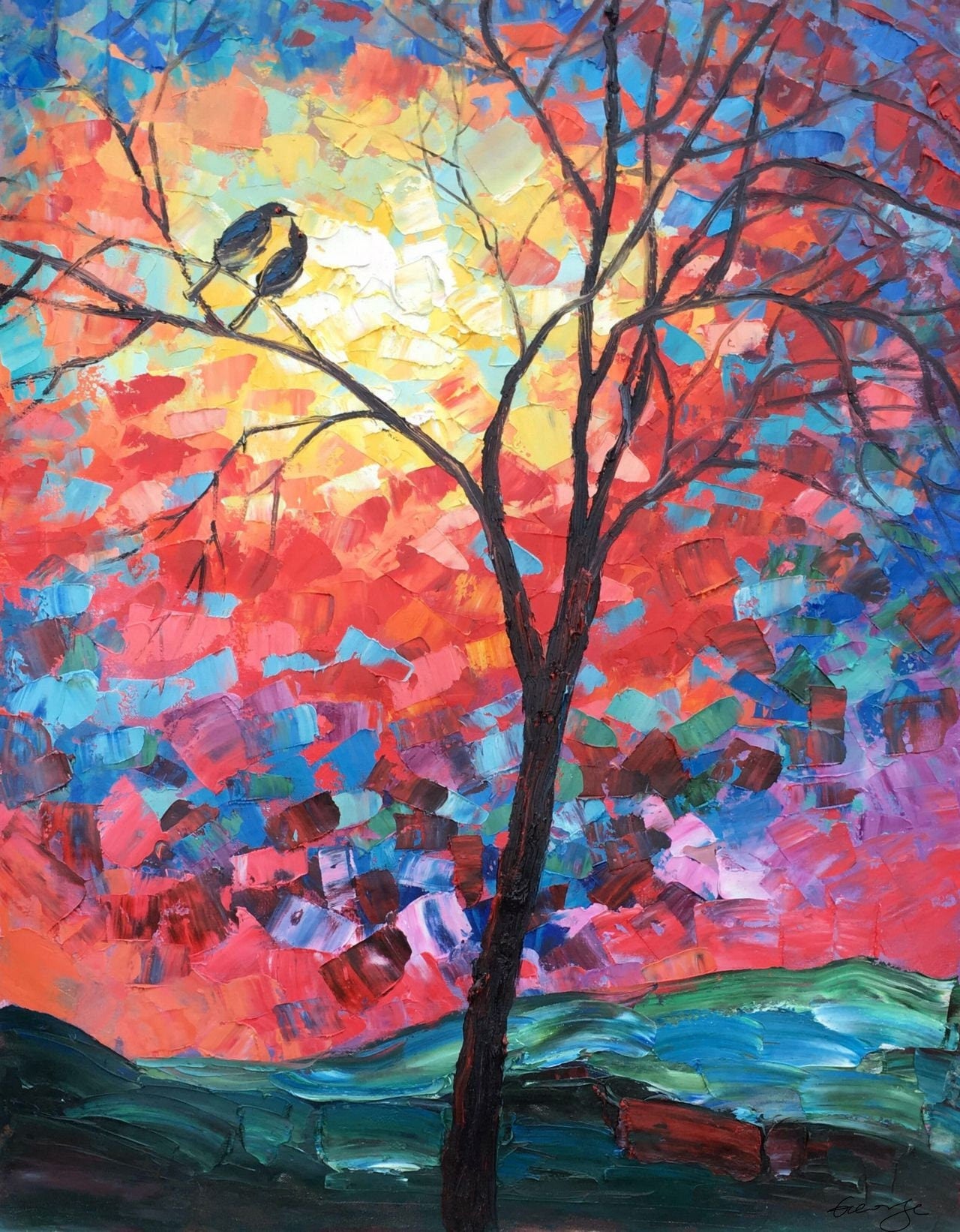 Oil Painting, Tree Art, Abstract Canvas Art, Painting Abstract, Living Room Decor, Original Painting, Large Wall Art Painting, Birds Art