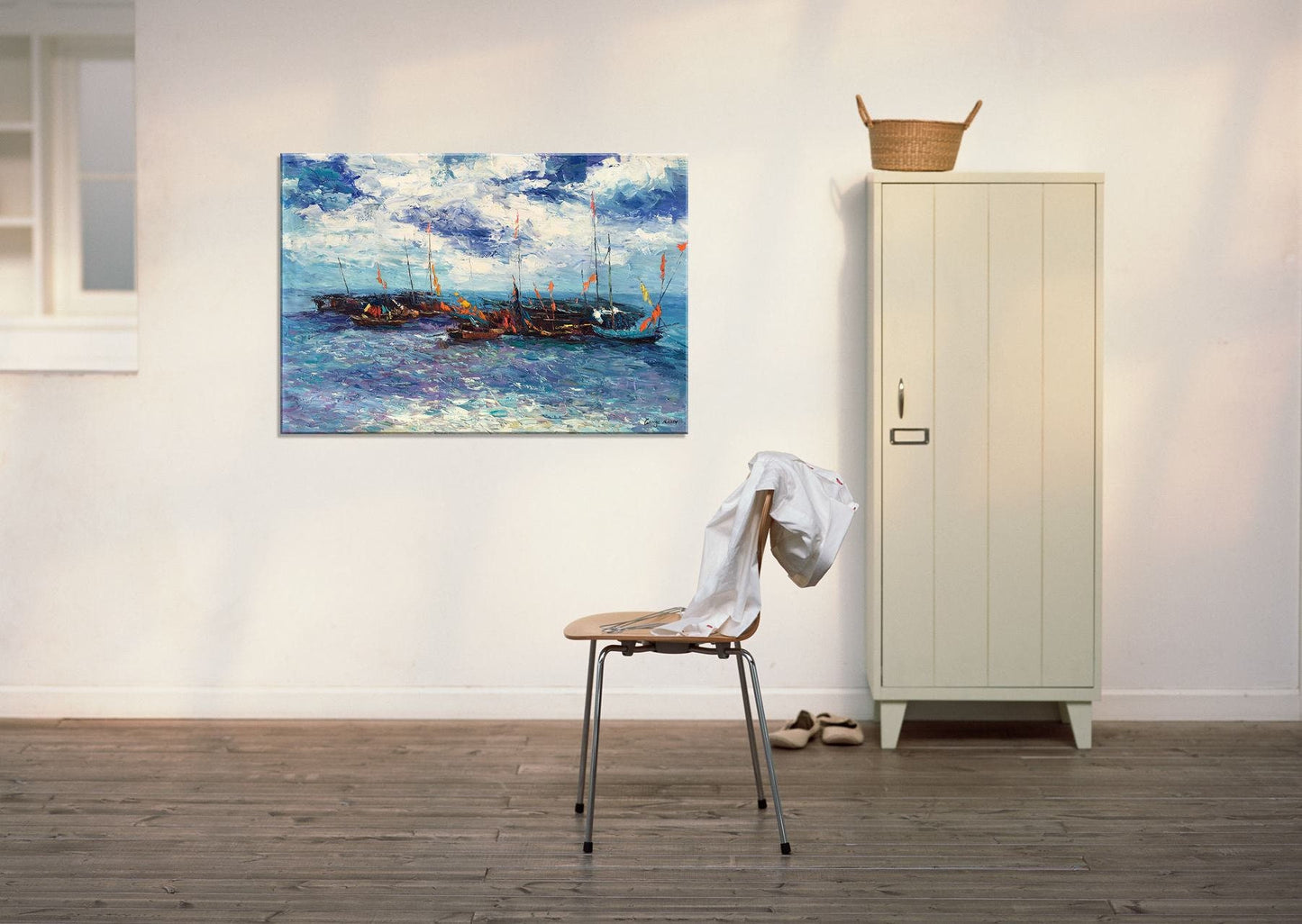 Palette Knife Fishing Boats Seascape | Handmade Oil Painting | Contemporary Canvas Art | 32x48 Inches | Ready to Ship