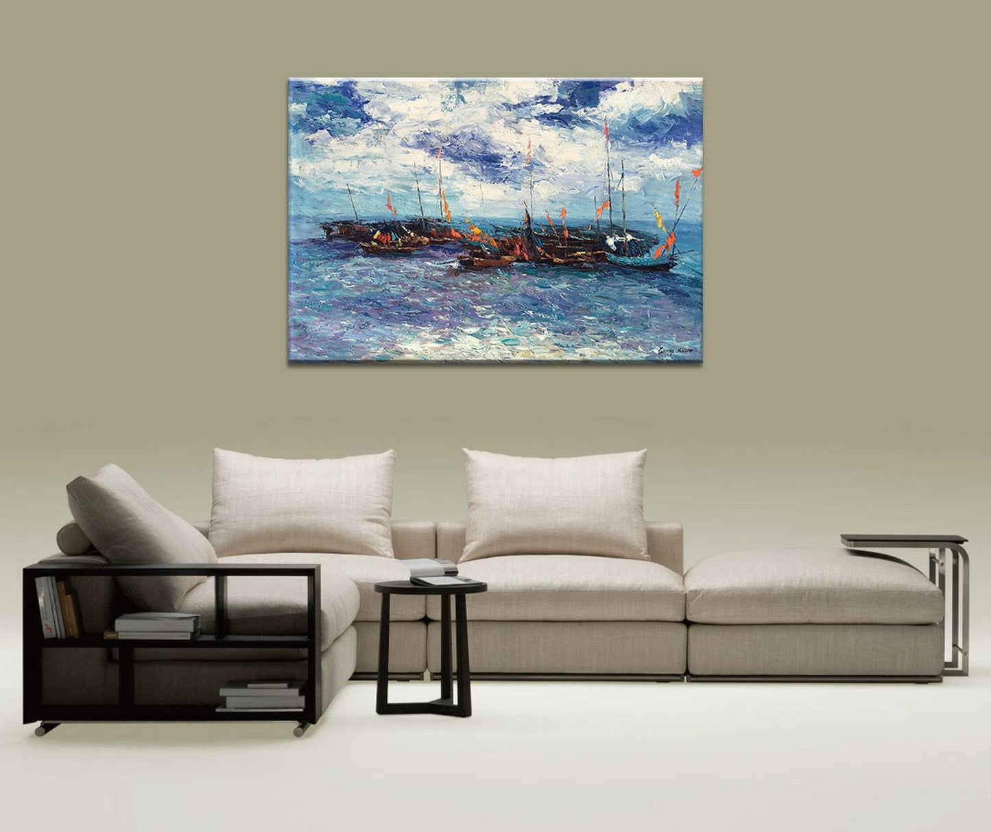 Palette Knife Fishing Boats Seascape | Handmade Oil Painting | Contemporary Canvas Art | 32x48 Inches | Ready to Ship