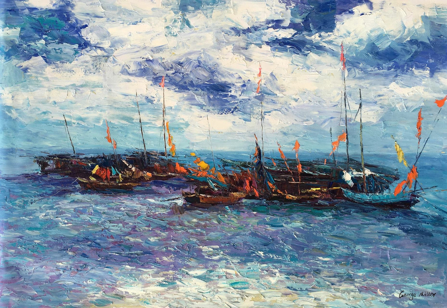 Palette Knife Fishing Boats Seascape | Handmade Oil Painting | Contemporary Canvas Art | 32x48 Inches | Ready to Ship