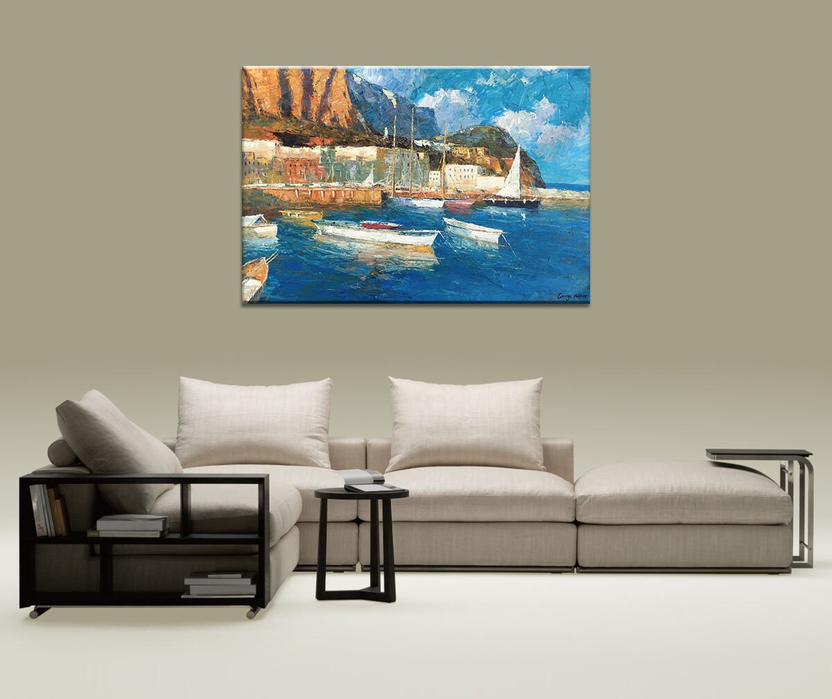 Oil Painting Seascape Habor Boats, Modern Art, Living Room Wall Decor, Abstract Canvas Art, Oil Painting Original, Seascape Painting