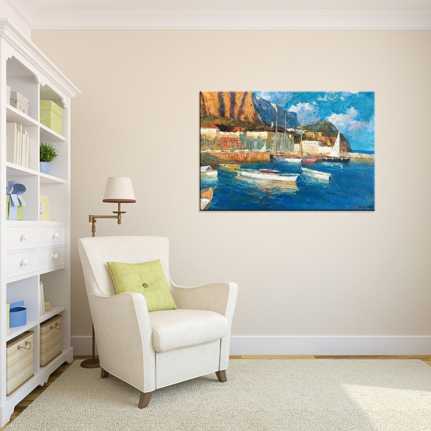 Oil Painting Seascape Habor Boats, Modern Art, Living Room Wall Decor, Abstract Canvas Art, Oil Painting Original, Seascape Painting