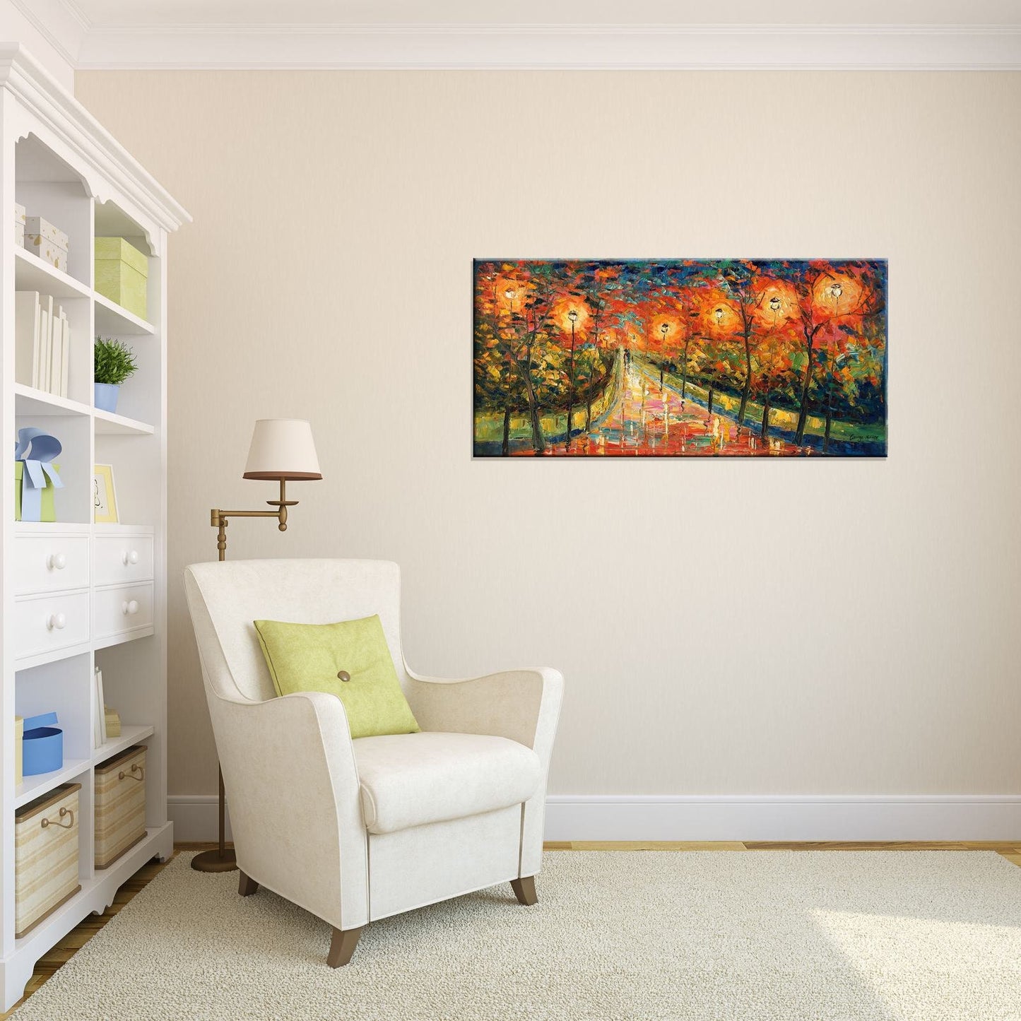 Oil Painting, Landscape Painting, Poplars in Spring, Living Room Art, Original Landscape Oil Paintings, Palette Knife Painting, Green, 24x48