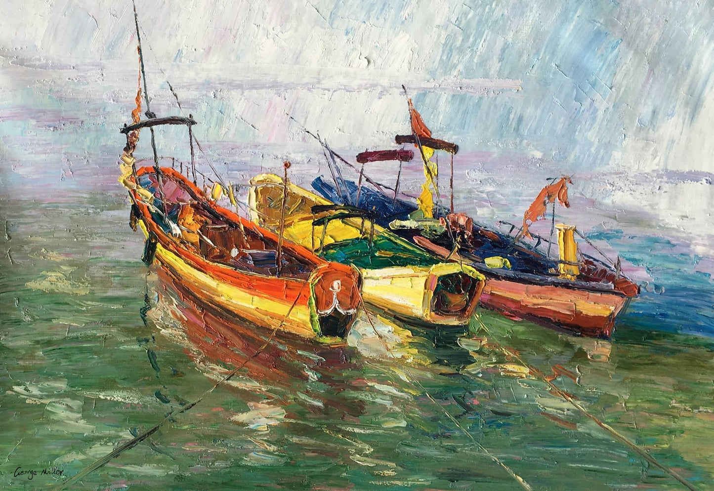 Original Oil Painting Fishing Boats Moored By The Sea, Wall Art Painting, Oversized Painting, Handmade Art, Contemporary, Texture Painting