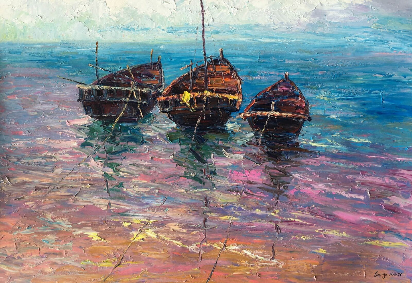 Original Oil Painting Moored Fishing Boat, Wall Art Painting, Abstract Painting Seascape, Extra Large Abstract Painting, Handmade Painting