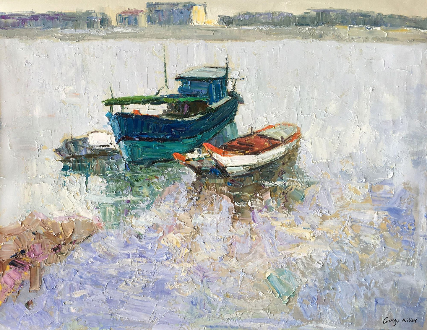 Original Oil Painting Fishing Boats Seascape, Paintings On Canvas, Oversized Painting, Handmade, Modern Painting, Impasto Painting