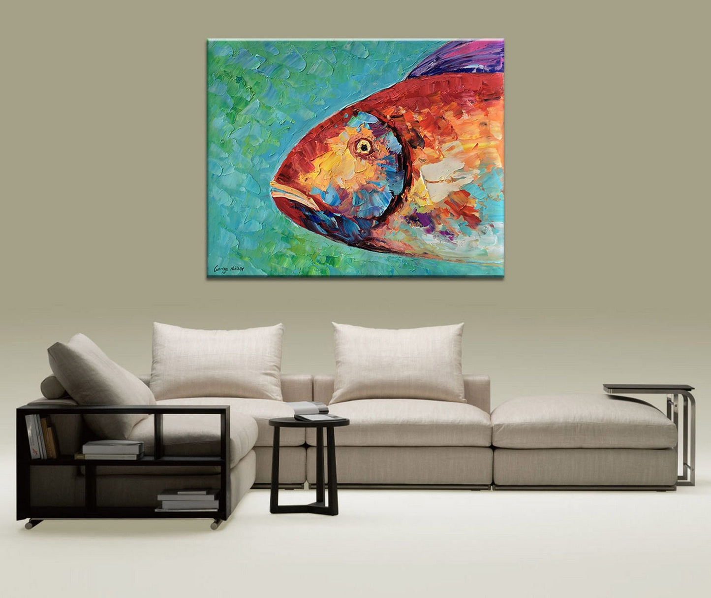 Original Oil Painting Abstract Canvas Art Bathroom Wall Decor Modern Art Fish Art Coffee Wall Art Painting Abstract Tropica Fish Art Framed