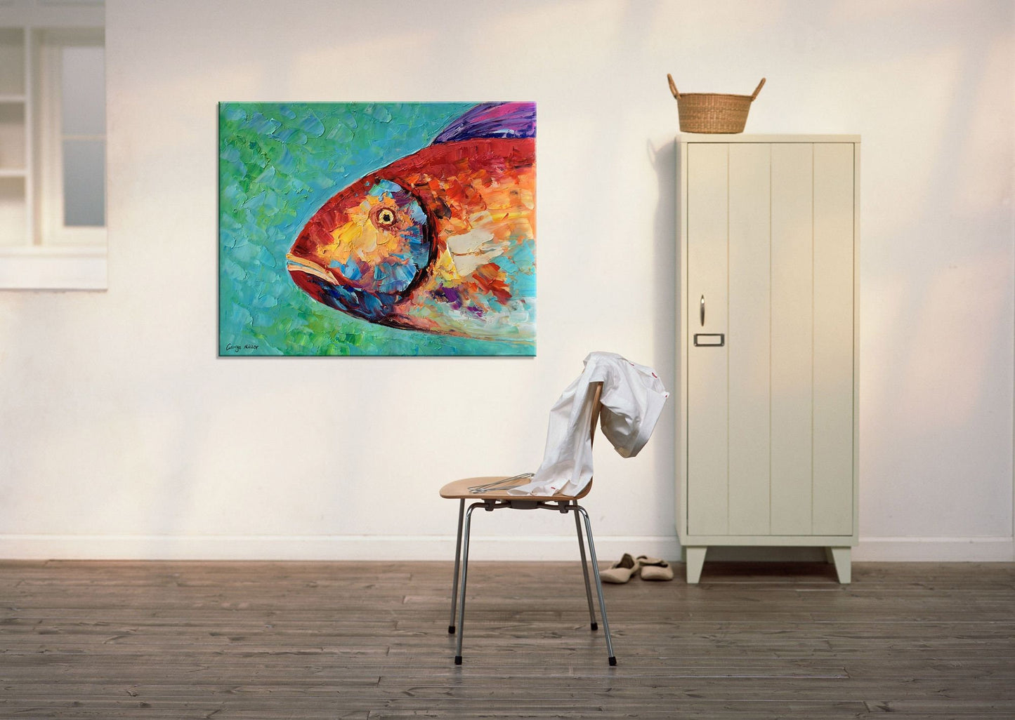 Original Oil Painting Abstract Canvas Art Bathroom Wall Decor Modern Art Fish Art Coffee Wall Art Painting Abstract Tropica Fish Art Framed