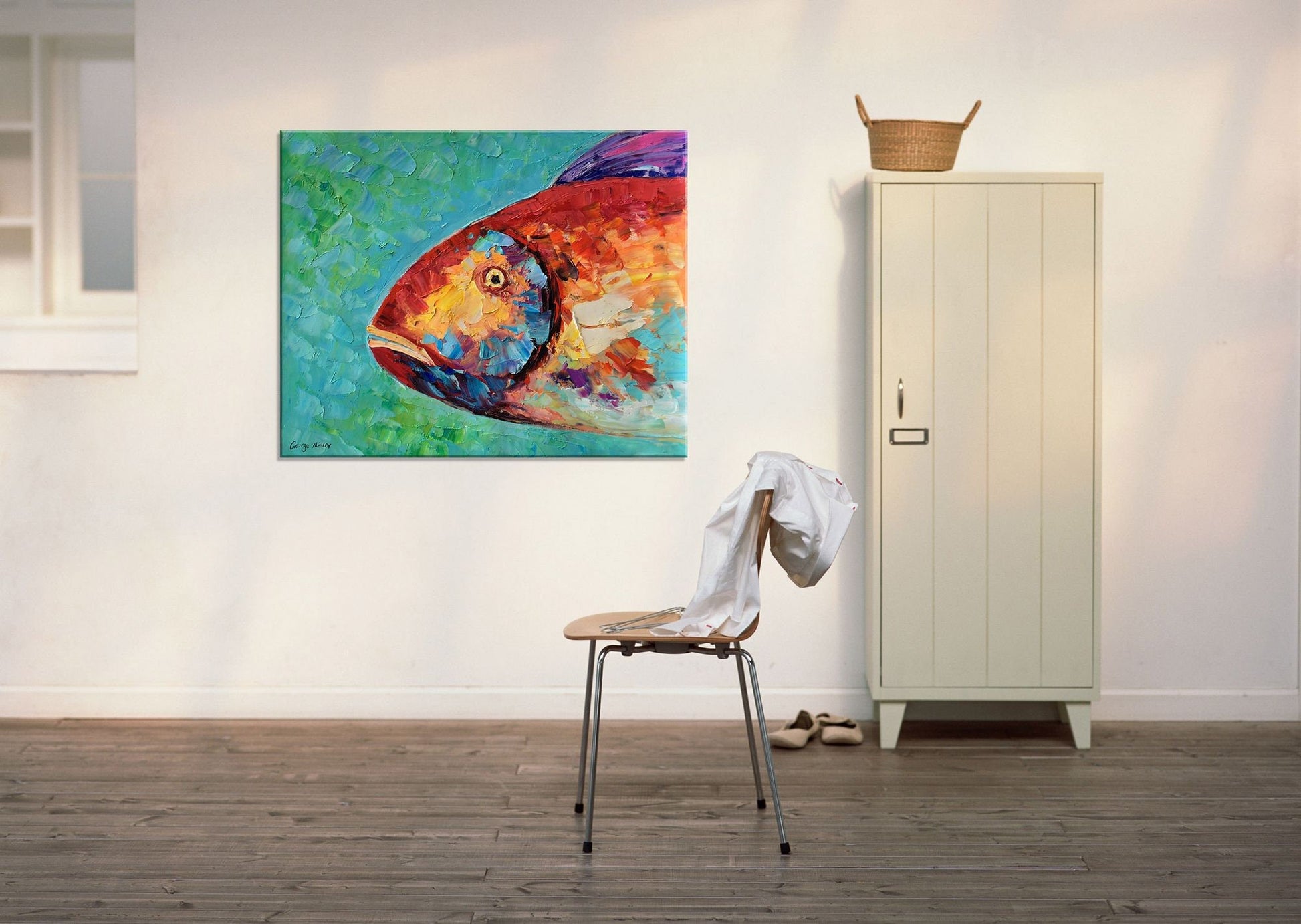 Original Oil Painting Abstract Canvas Art Bathroom Wall Decor Modern Art Fish Art Coffee Wall Art Painting Abstract Tropica Fish Art Framed