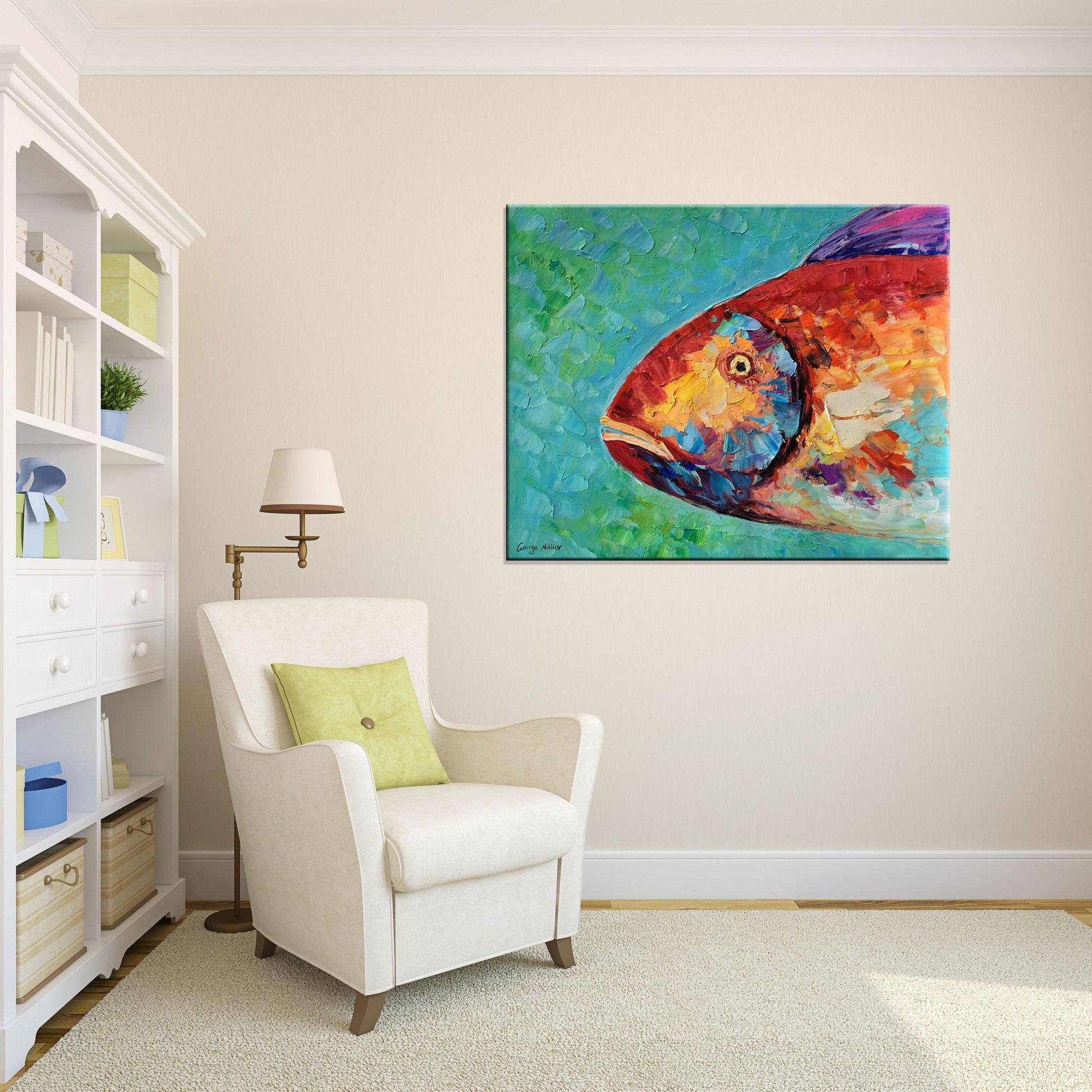 Original Oil Painting Abstract Canvas Art Bathroom Wall Decor Modern Art Fish Art Coffee Wall Art Painting Abstract Tropica Fish Art Framed