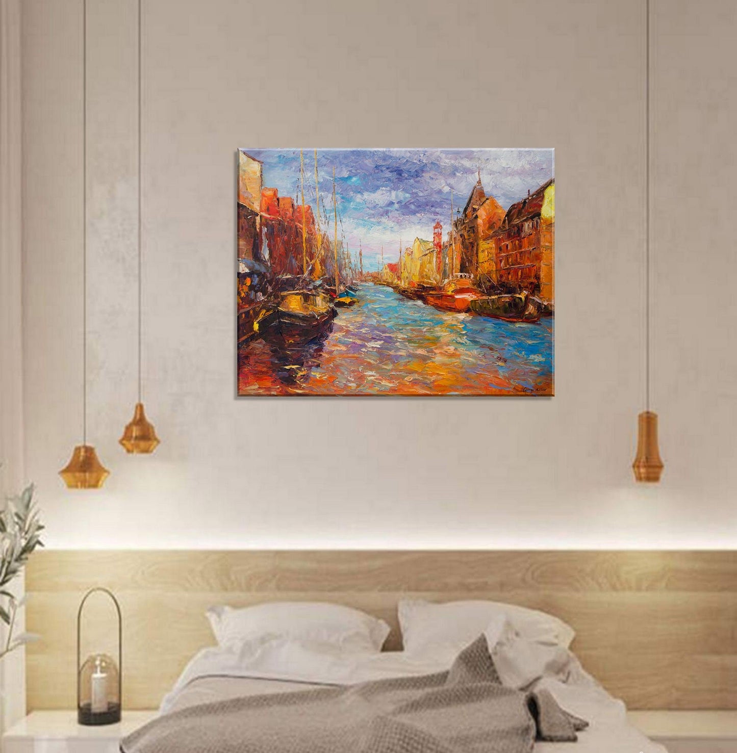 Oil Painting Amsterdam Canal Boats, Abstract Painting, Canvas Painting, Contemporary Art, Living Room Decor, Large Landscape Painting