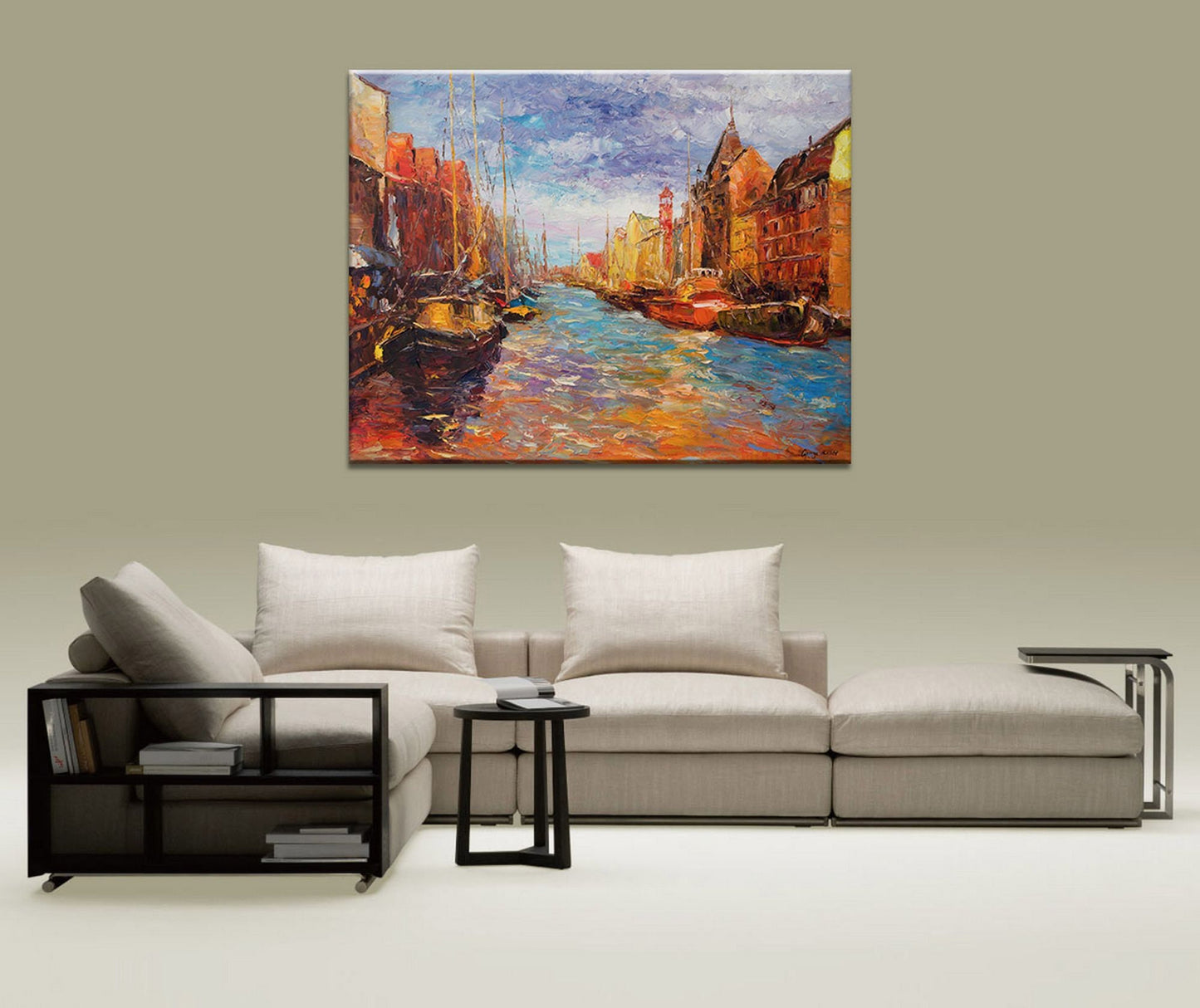 Oil Painting Amsterdam Canal Boats, Abstract Painting, Canvas Painting, Contemporary Art, Living Room Decor, Large Landscape Painting