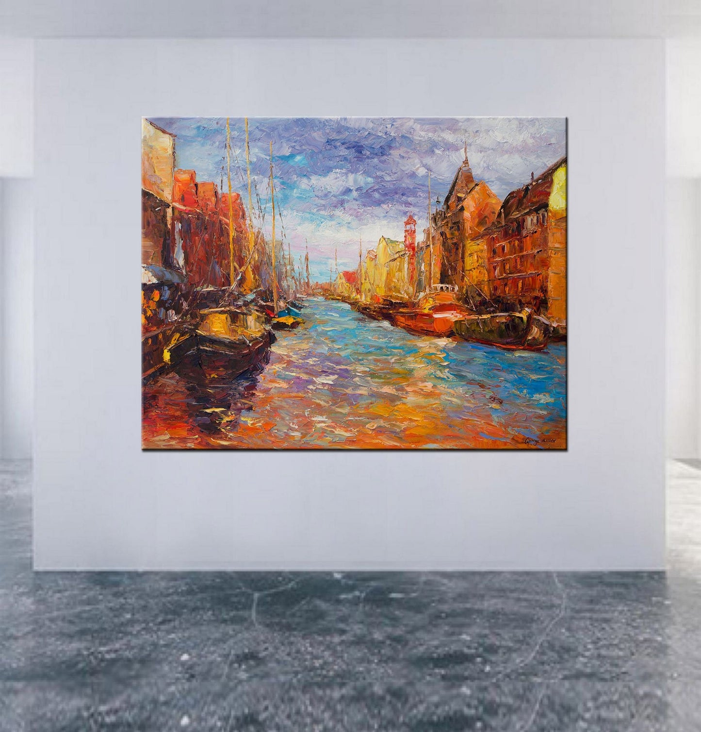 Oil Painting Amsterdam Canal Boats, Abstract Painting, Canvas Painting, Contemporary Art, Living Room Decor, Large Landscape Painting