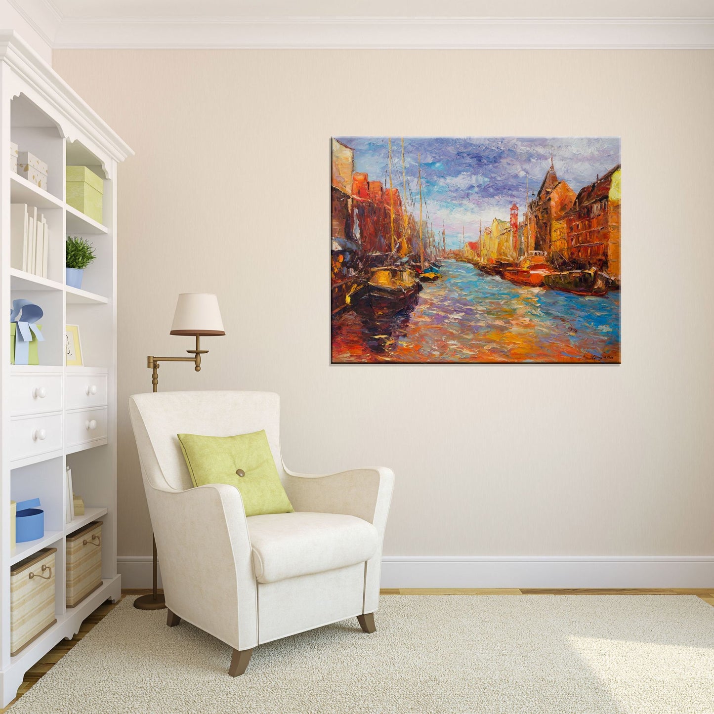 Oil Painting Amsterdam Canal Boats, Abstract Painting, Canvas Painting, Contemporary Art, Living Room Decor, Large Landscape Painting