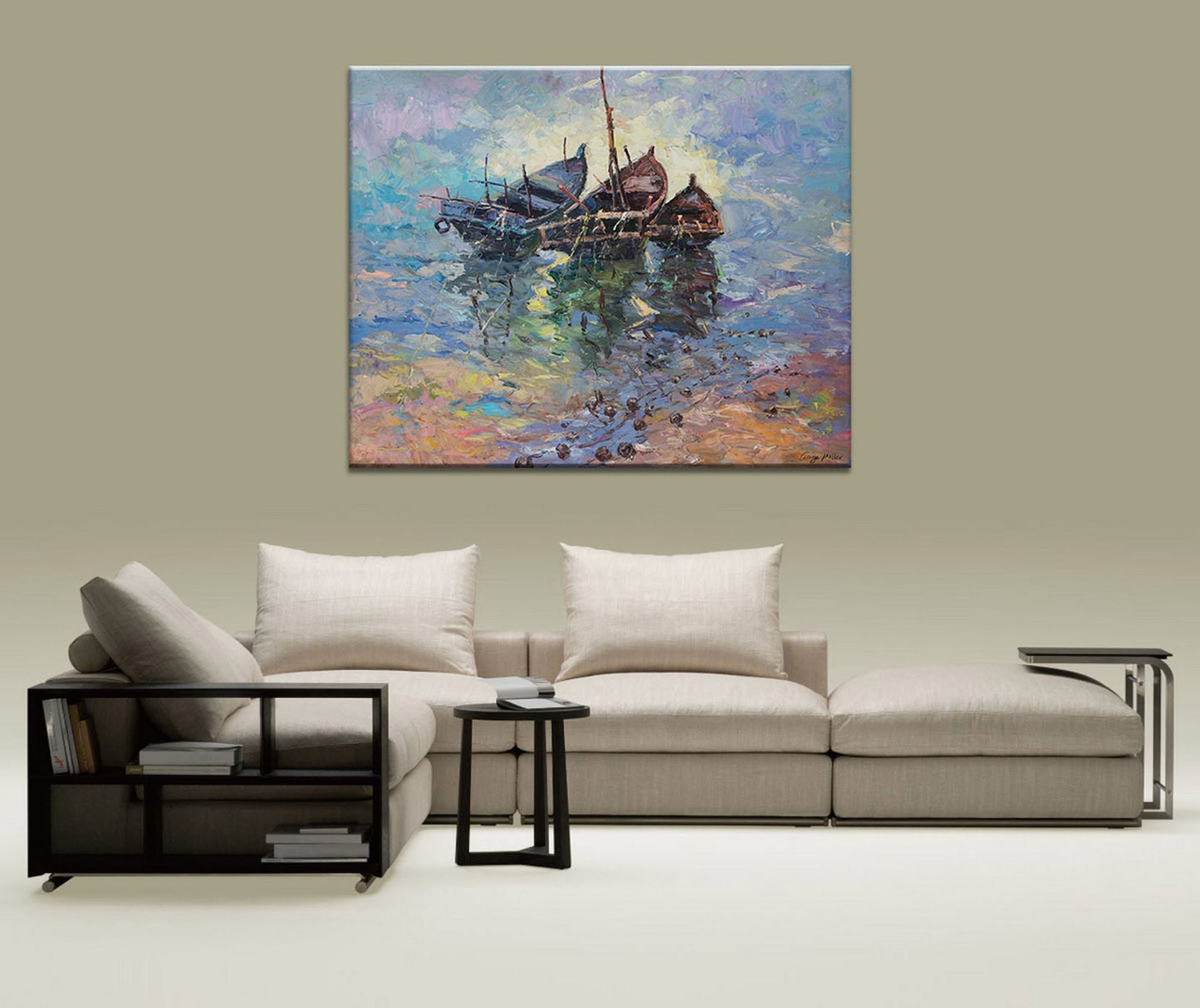 Large Oil Painting Fishing Boats at Sea, Canvas Painting, Contemporary Art, Living Room Decor, Large Oil Painting, Large Seascape Painting