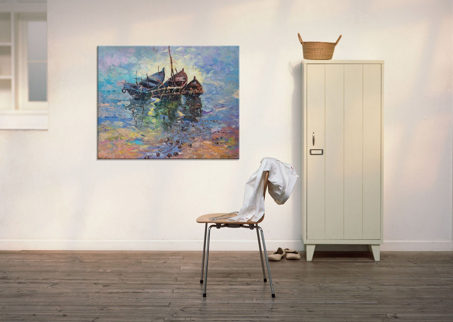 Large Oil Painting Fishing Boats at Sea, Canvas Painting, Contemporary Art, Living Room Decor, Large Oil Painting, Large Seascape Painting