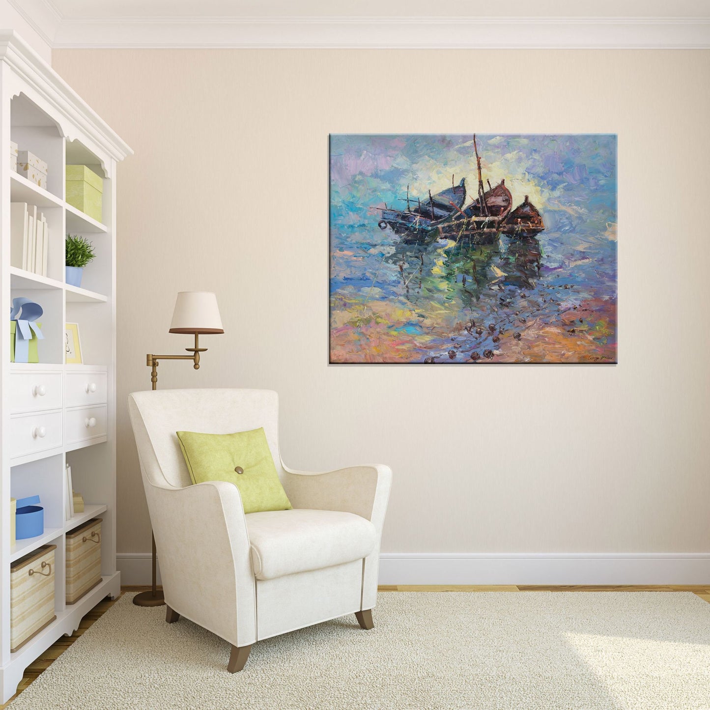 Large Oil Painting Fishing Boats at Sea, Canvas Painting, Contemporary Art, Living Room Decor, Large Oil Painting, Large Seascape Painting
