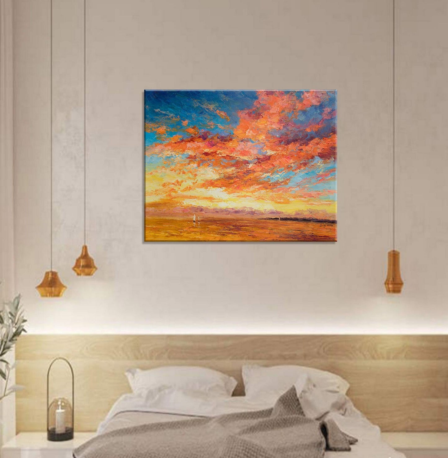 Large Wall Art Seascape Oil Painting Boats at Sea Sunset, Abstract Art, Living Room Wall Decor, Original Oil Painting, Large Abstract Art