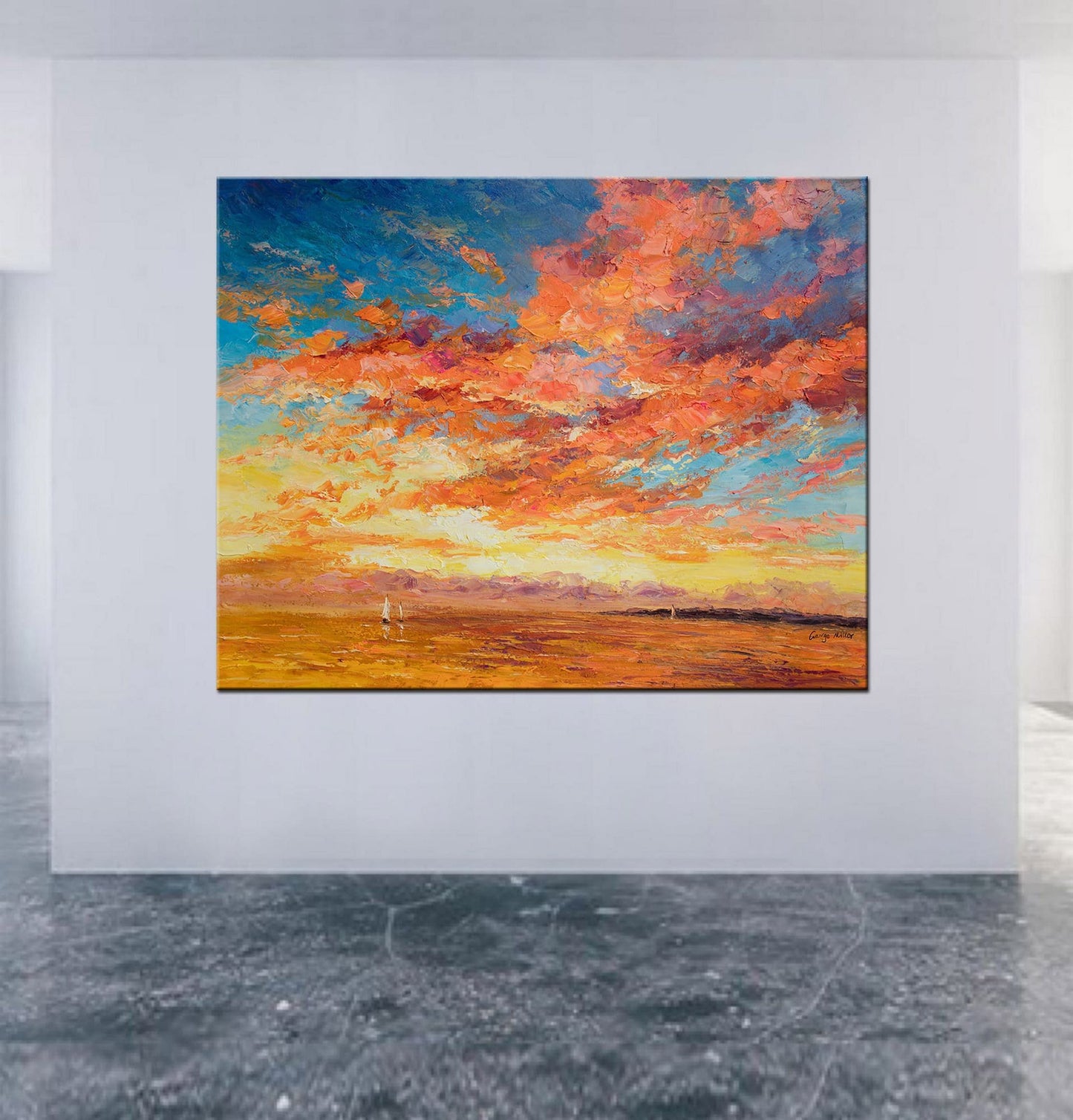 Large Wall Art Seascape Oil Painting Boats at Sea Sunset, Abstract Art, Living Room Wall Decor, Original Oil Painting, Large Abstract Art